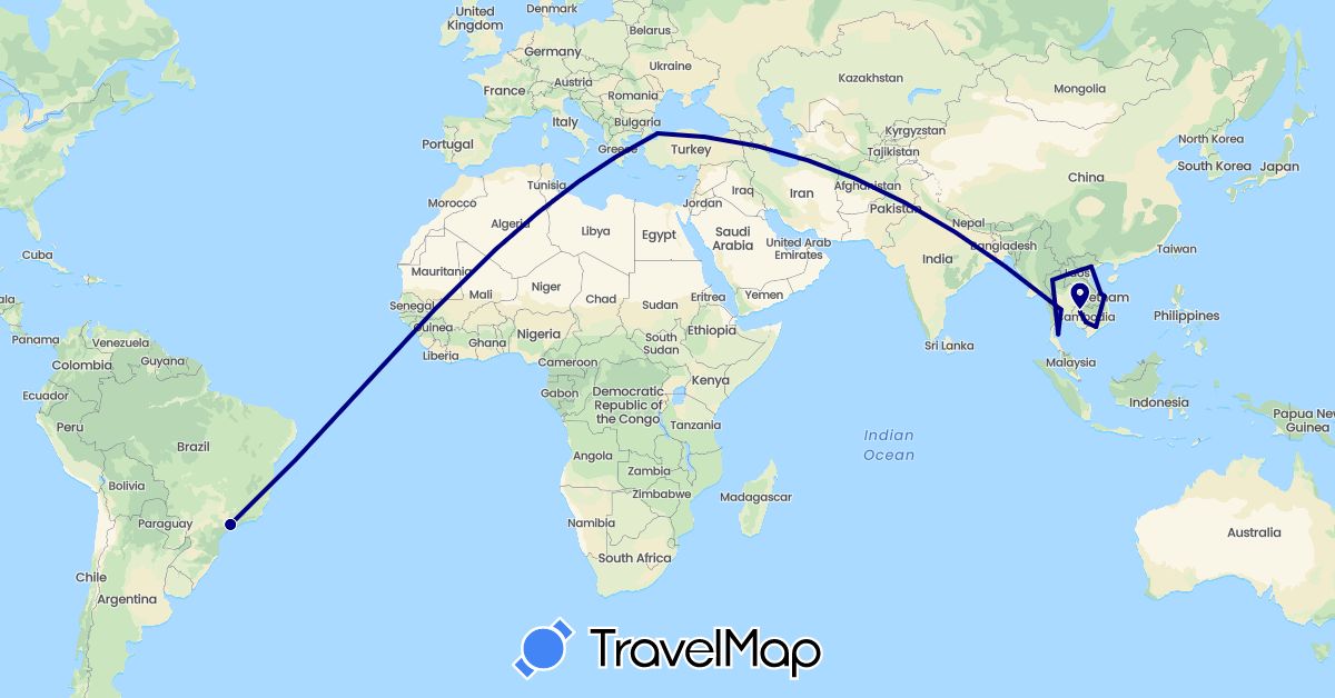 TravelMap itinerary: driving in Brazil, Cambodia, Laos, Thailand, Turkey, Vietnam (Asia, South America)
